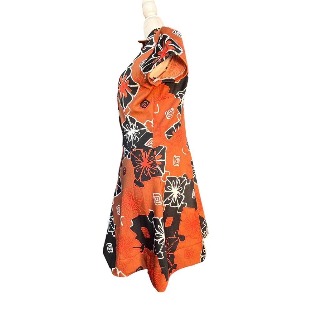 Sears Fashions Mod Floral Mini Dress Orange Black 60s 70s A Line Short Sleeve - Picture 4 of 11